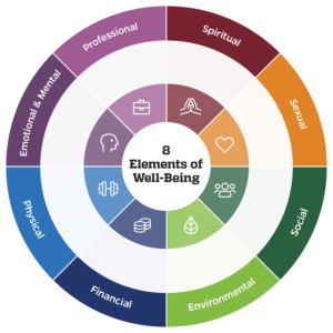 A circle is divided into eight wedges labeled with the following names and colors around the edge of the circle: Spiritual (red), Sexual (orange), Social (dark green), Environmental (spring green), Financial (navy), Physical (blue), Emotional & Mental (purple), and Professional (lilac). Within the larger circle, there is a smaller ring with small white line drawings of symbols that correspond to the colors and words of the first ring: prayer hands (Spiritual), a heart (Sexual), three human silhouettes (Social), a leaf (Environmental), two stacks of coins (Financial), a hand weight (Physical), the profile of a human head (Mental), and a briefcase (Professional). At the very center of the circle there is black text that says “8 Elements of Well-Being."