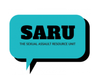 Turquoise dialogue bubble with black text. SARU. Sexual Assault Resource Unit. 