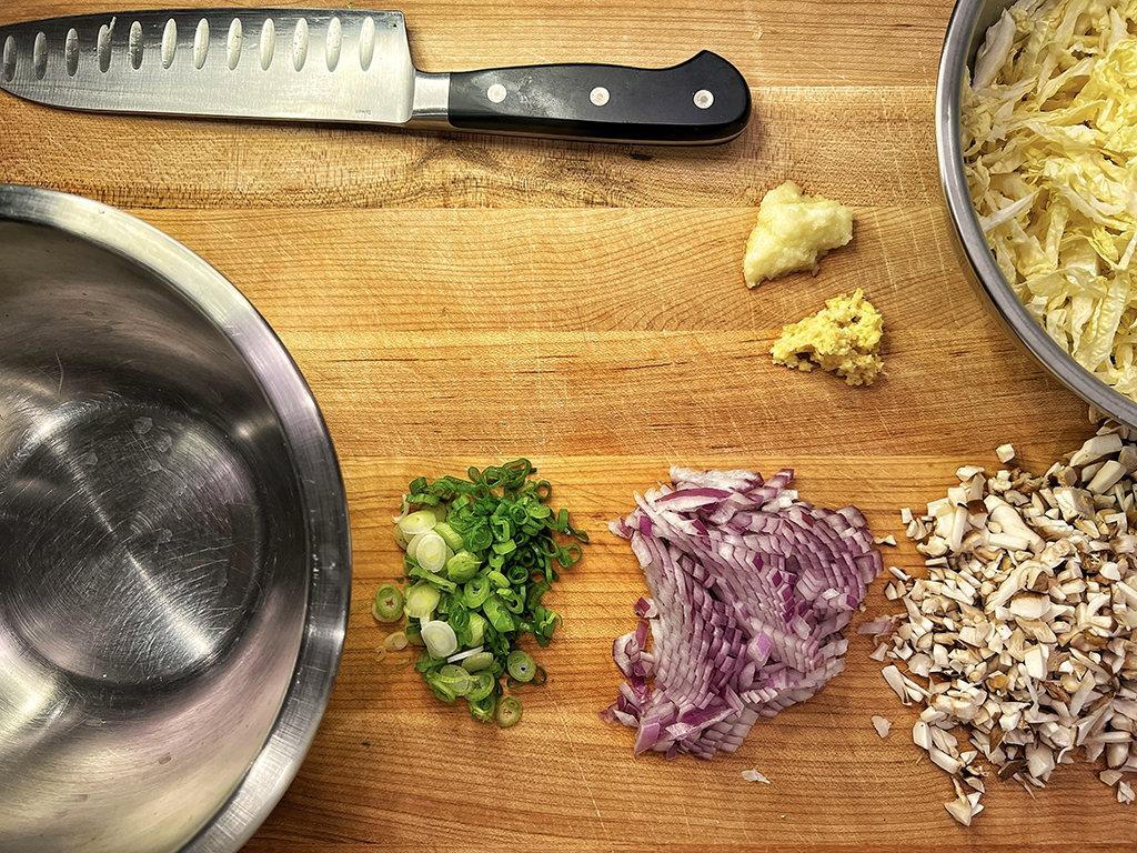 An empty stainless steel bowl next to chopped scallions, chopped red onion, chopped mushrooms, grated garlic and grated ginger. Next to the ingredients is another stainless steel bowl full of cabbage.