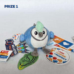 Text that says “Prize 1 A Blue Jay plushie keychain and sticker pack” above a photo of a Blue Jay plushie keychain and sticker pack