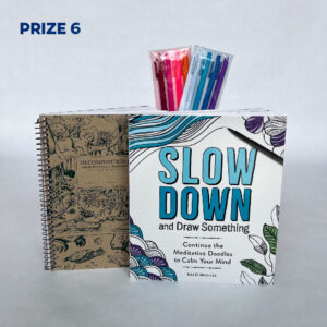 Text that says “Prize 6 Meditative doodle book, decomposition notebook, and colored pens” above a photo of a Prize 6 Meditative doodle book, decomposition notebook, and colored pens